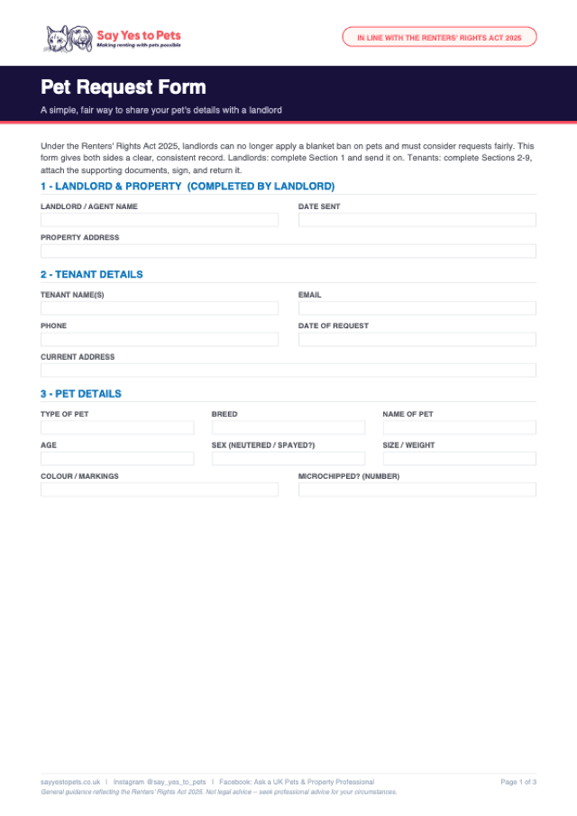 Preview of the B0 — Pet Request Form template