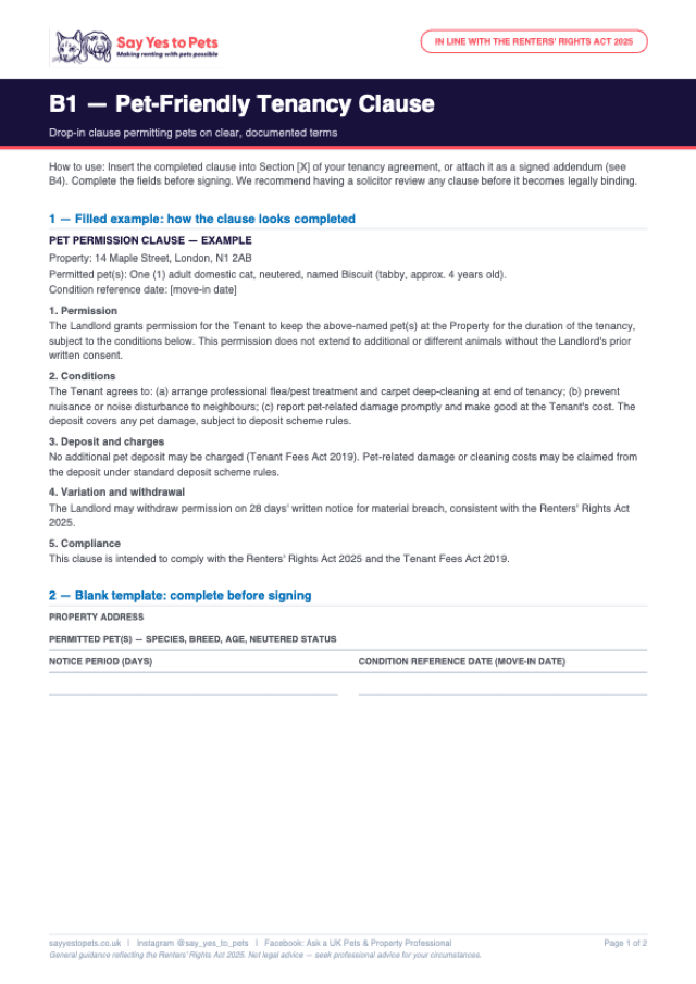 Preview of the B1 — Pet-Friendly Tenancy Clause Template template