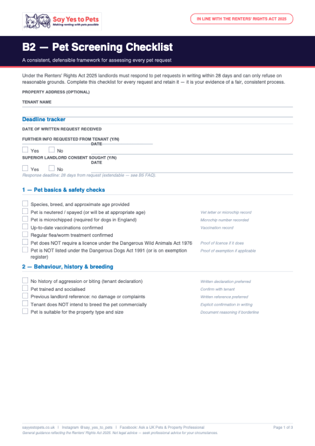 Preview of the B2 — Pet Screening Checklist template