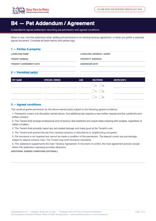 Preview of the B4 — Pet Addendum / Agreement Template template