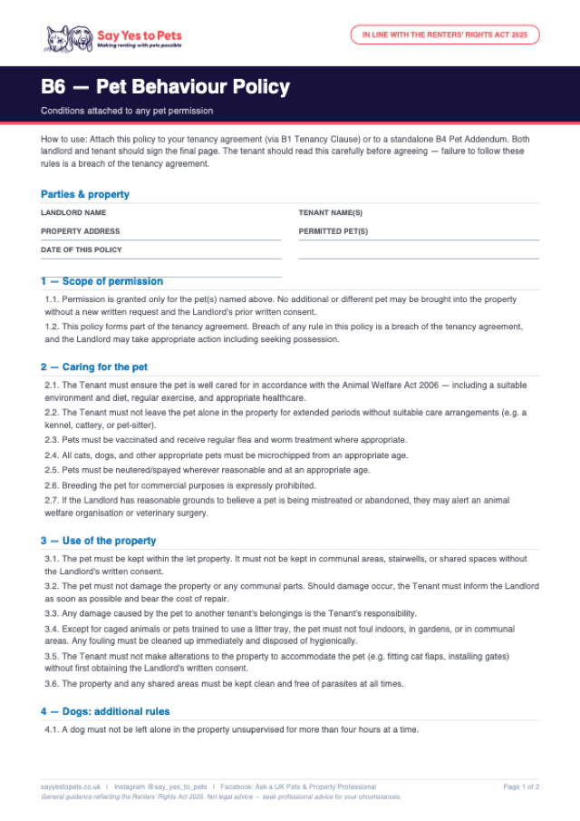 Preview of the B6 — Pet Behaviour Policy template