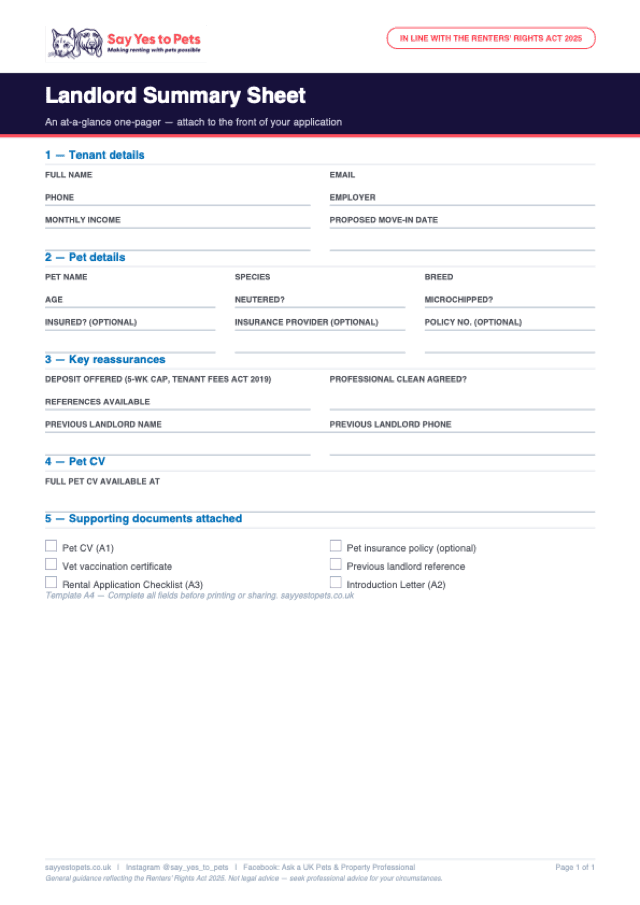 Preview of the Landlord Summary Sheet template